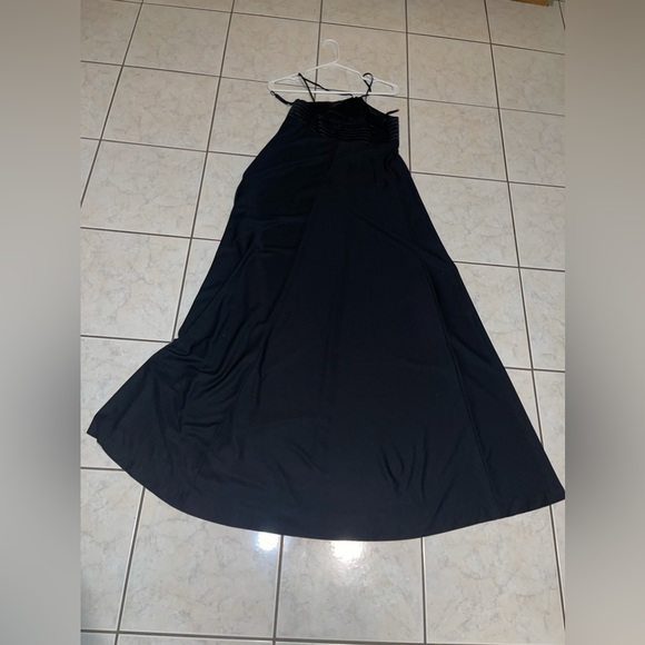 Vintage 70s Leslie J black maxi dress thin straps wide flowy dress - Picture 6 of 10
